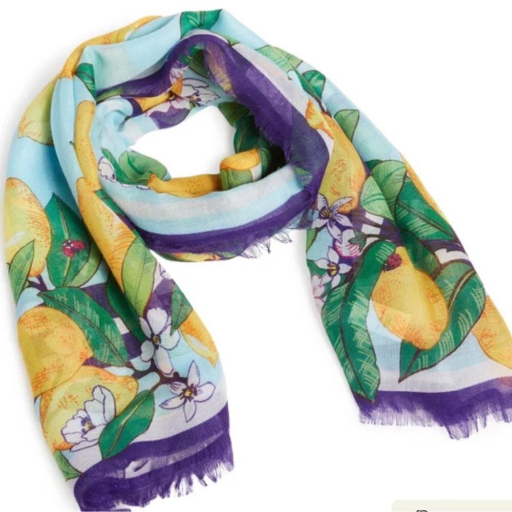 Vera Bradley Lemon Grove Blue Yellow Green Purple White Blossoms Fringe Scarf - Picture 2 of 13